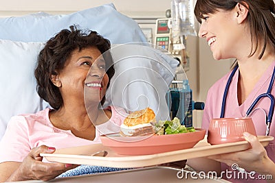 Nurse Serving Senior Female Patient Meal In Hospital Bed