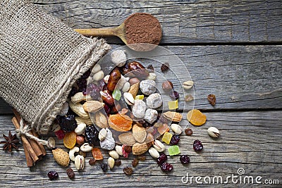 Nuts and dried fruits on vintage wooden boards