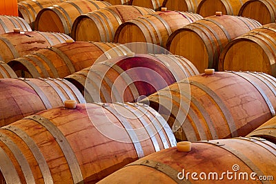 Oak wine barrels in a winery celar