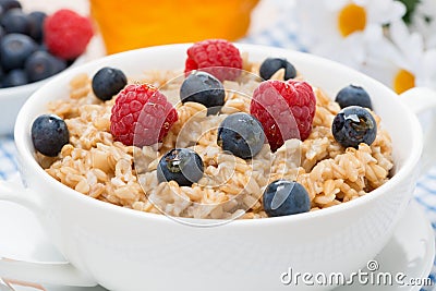 Oat porridge with fresh berries, close-up