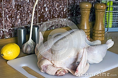 Objects and ingredients needed for a chicken dish