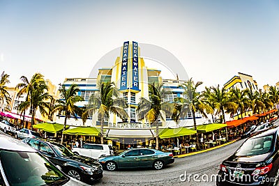 Ocean Drive in Miami with famous Art Deco Style Breakwater Hotel