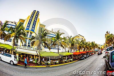 Ocean Drive in Miami with famous Art Deco Style Breakwater Hotel