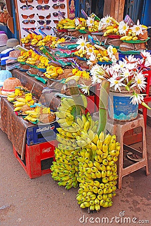 Offering consisting of Banana, coconut, flower and Incense for Hindu Worship