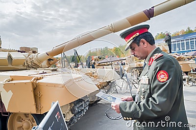 Officer of foreign army studies tank T-72. Russia