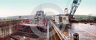 Offshore vessel at drydock during raining