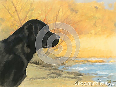 Oil painting portrait of black labrador in autumn