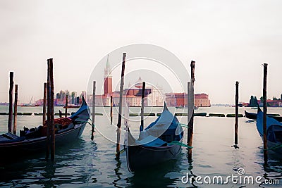 Oil painting style picture of gondolas in Venice