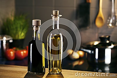 Oil and vingar bottles in front of a kitchen