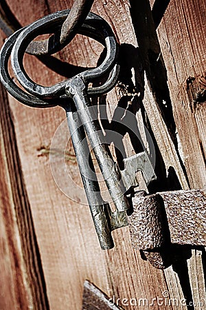 Old antique keys and ring against wood