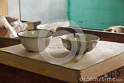 Old Bowl and Strainer on Wood Crate