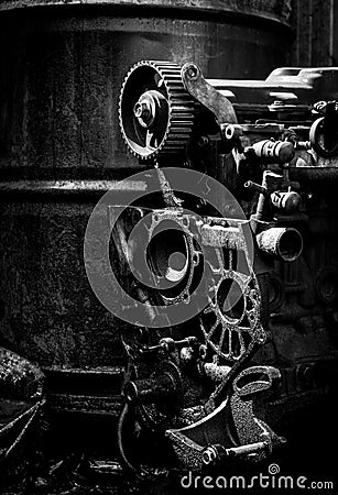 Old car engine, black and white photo