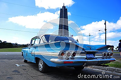 Old car in the simbolic Revolution Square in Havana