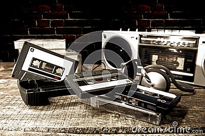 Old cassette tapes and cassette player