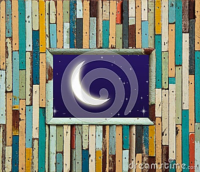 Old colorful wood wall with moon and star