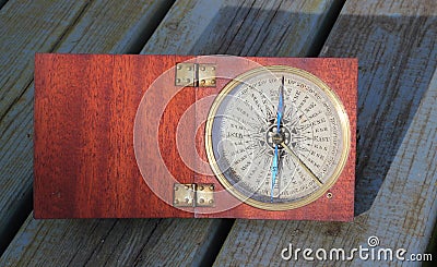 Old compass in a wooden box.