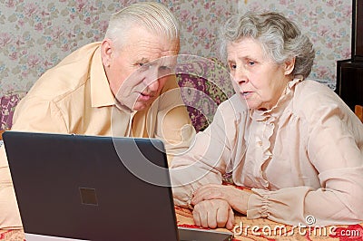 Old couple look to the laptop with active interest