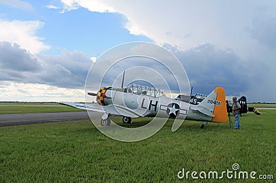 Old fighter american plane on green field side view