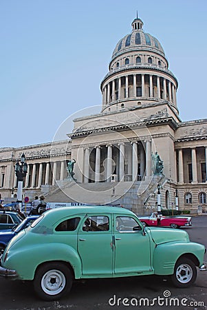 Old Green Cuban Car in front of National Capitol Building