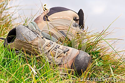 Old hiking boots close-up