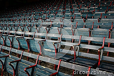 Old historic wood stadium seats at Fenway Park