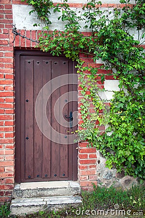 Old house with wooden door and green plants