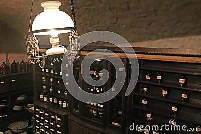 Old lamp in cellar of pharmacy-museum in Lviv, Ukraine