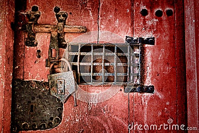 Old Lock and Locking Hardware on Antique Jail Door