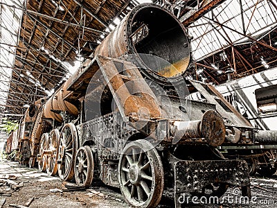 Old locomotive parking in a train cemetery