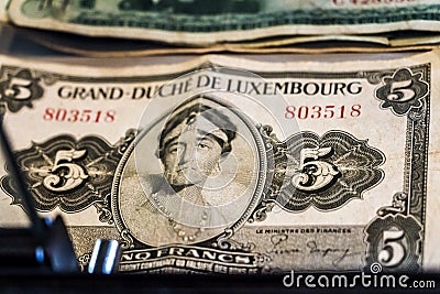 Old Luxembourg bank note 5 francs, duchess Charlotte
