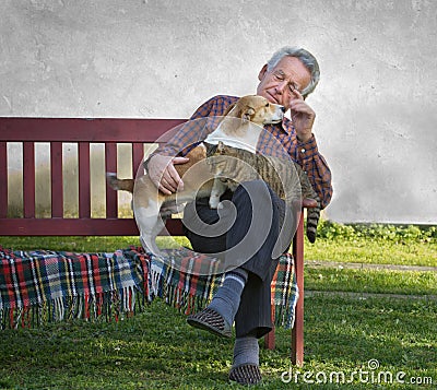 Old man with pets