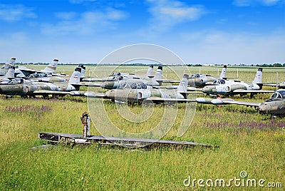 Old military fighter jet airplanes