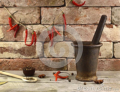 Wooden Mortar And Pestle And Chilli Peppers