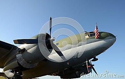 Old propeller airplane nose view