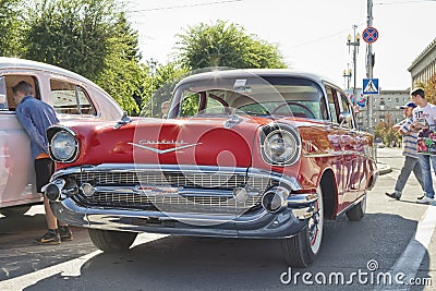 Old red Chevrolet on exhibition of vintage cars