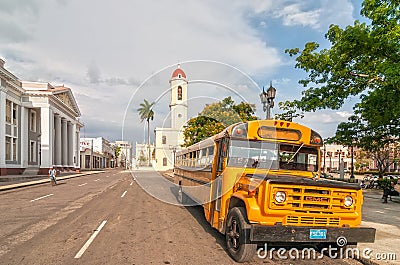 Old retro yellow school bus parked at Jose Marti park
