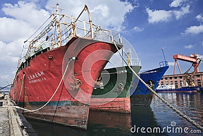 Old ship in Port of Dalian. China