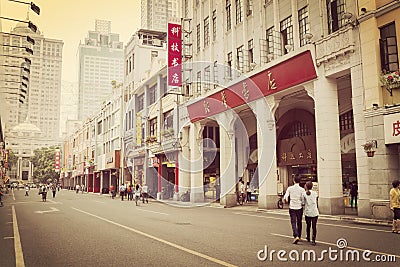 Old shopping street in sunset, urban city street Guangzhou Beijing Street in China
