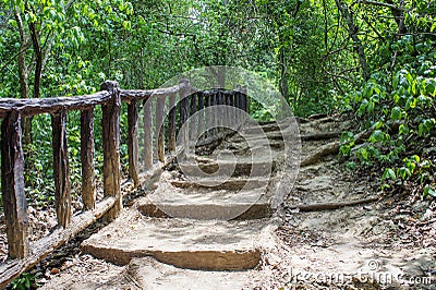Old Stone staircase with wood railing in jungle, Thailand