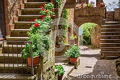 Old town full of flowery porches in Tuscany