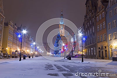 Old town of Gdansk in winter scenery with Christmas tree