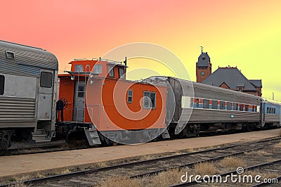 Old train depot and train cars