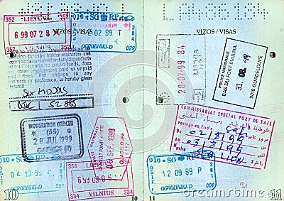 Old travel passport with visa stamps