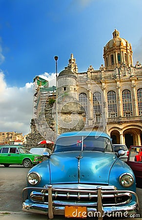 Old vintage american blue car in Havana City