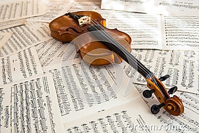 Old violin lying on the sheet of music