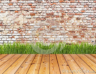 Old wall and green grass on wood floor.