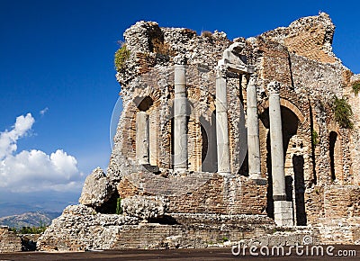Old walls of the Greek. Antique theater, Taormina, Etna, Sicily,