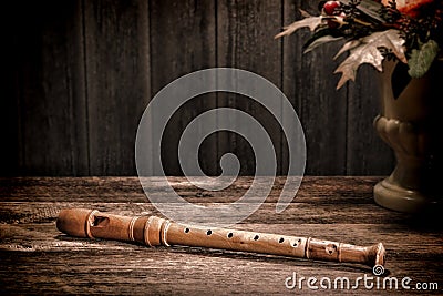 Old Wood Recorder Flute Ancient Musical Instrument