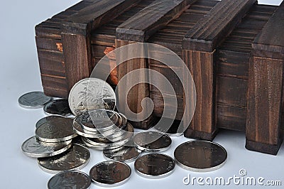 Old wooden box and coins