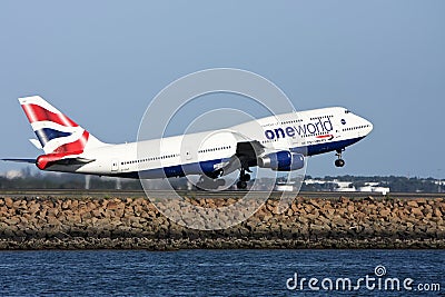 One World British Airways Boeing 747 taking off.